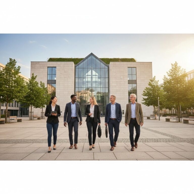 Diverse Fachkräfte vor modernem Rathausgebäude - Symbolbild Recruiting Kommunen